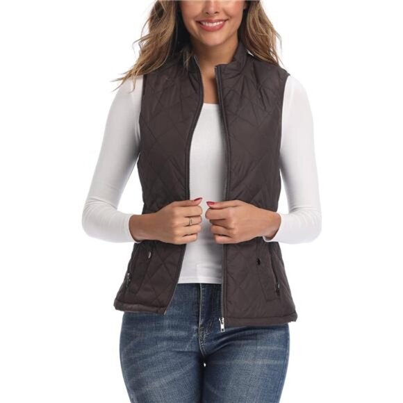 Women's Vest - Stand Collar Lightweight Zip Quilted Vest, Chocolate